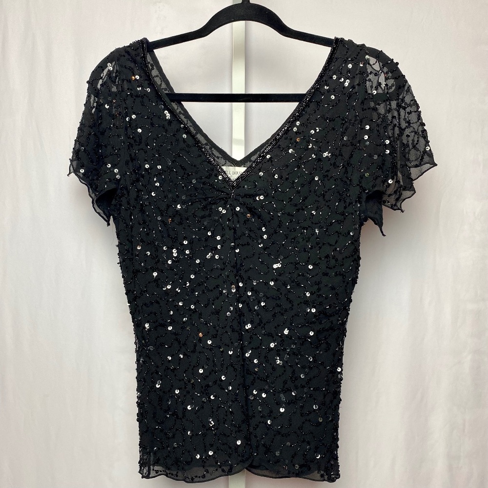 Adrianna Papelll Boutique Womenʻs Black Beaded Sequined 100% Silk Blouse Large
